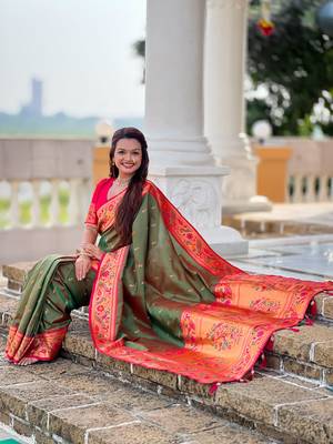 Designer green meenakari weaving work paithani silk saree 2