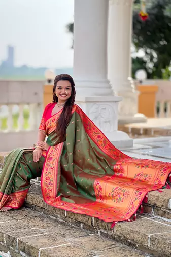 Designer green meenakari weaving work paithani silk saree