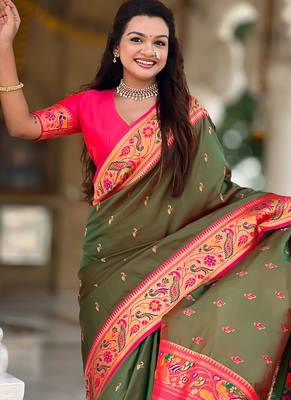 Designer green meenakari weaving work paithani silk saree 3