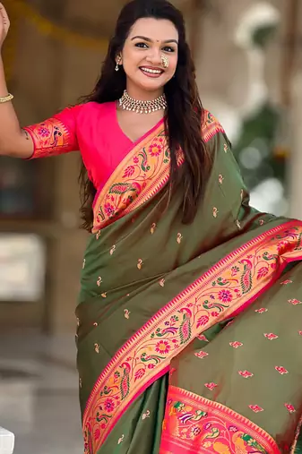 Designer green meenakari weaving work paithani silk saree