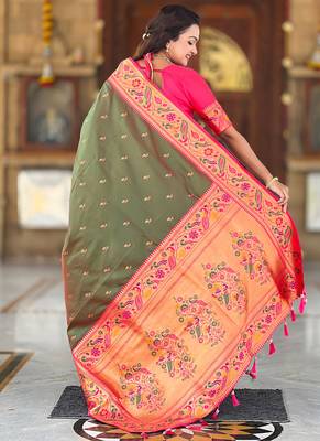Designer green meenakari weaving work paithani silk saree 4