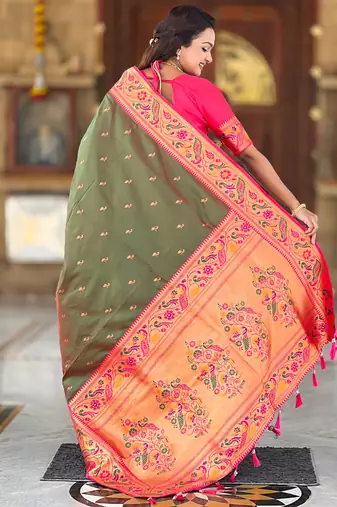 Designer green meenakari weaving work paithani silk saree