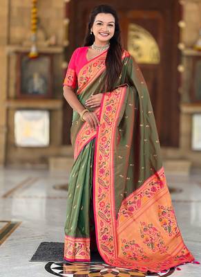 Designer green meenakari weaving work paithani silk saree 5