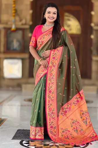 Designer green meenakari weaving work paithani silk saree