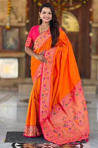 Designer orange meenakari weaving work paithani silk saree