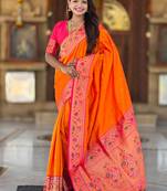 Designer orange meenakari weaving work paithani silk saree