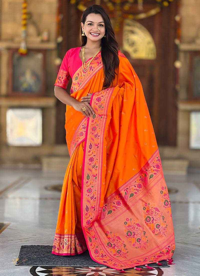 Designer orange meenakari weaving work paithani silk saree