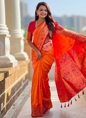 Designer orange meenakari weaving work paithani silk saree 2