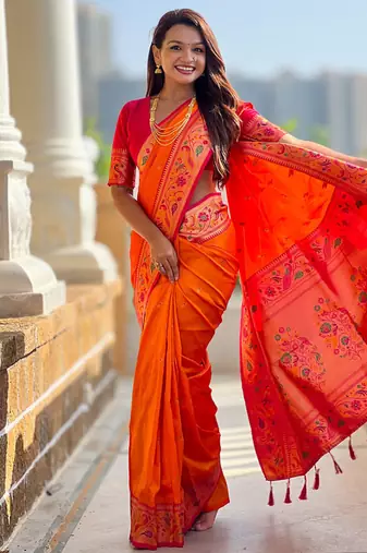Designer orange meenakari weaving work paithani silk saree