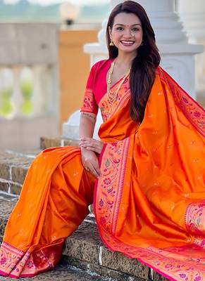 Designer orange meenakari weaving work paithani silk saree 3
