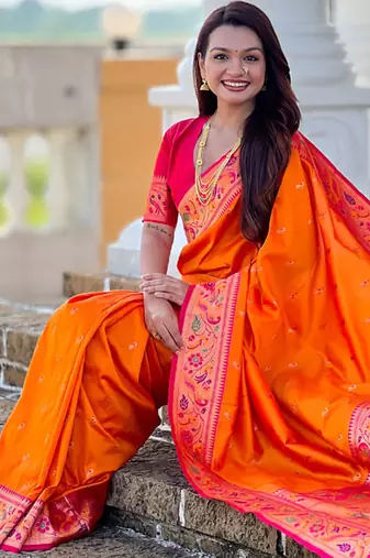 Designer orange meenakari weaving work paithani silk saree