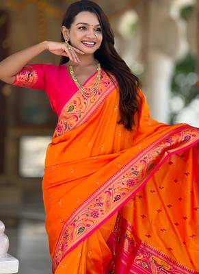 Designer orange meenakari weaving work paithani silk saree 4