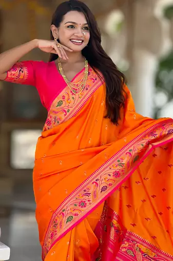 Designer orange meenakari weaving work paithani silk saree