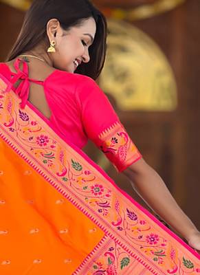Designer orange meenakari weaving work paithani silk saree 5