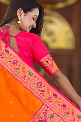 Designer orange meenakari weaving work paithani silk saree
