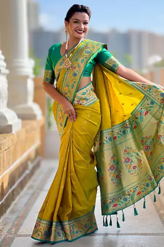 Designer lemon green meenakari weaving work paithani silk saree