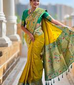 Designer lemon green meenakari weaving work paithani silk saree