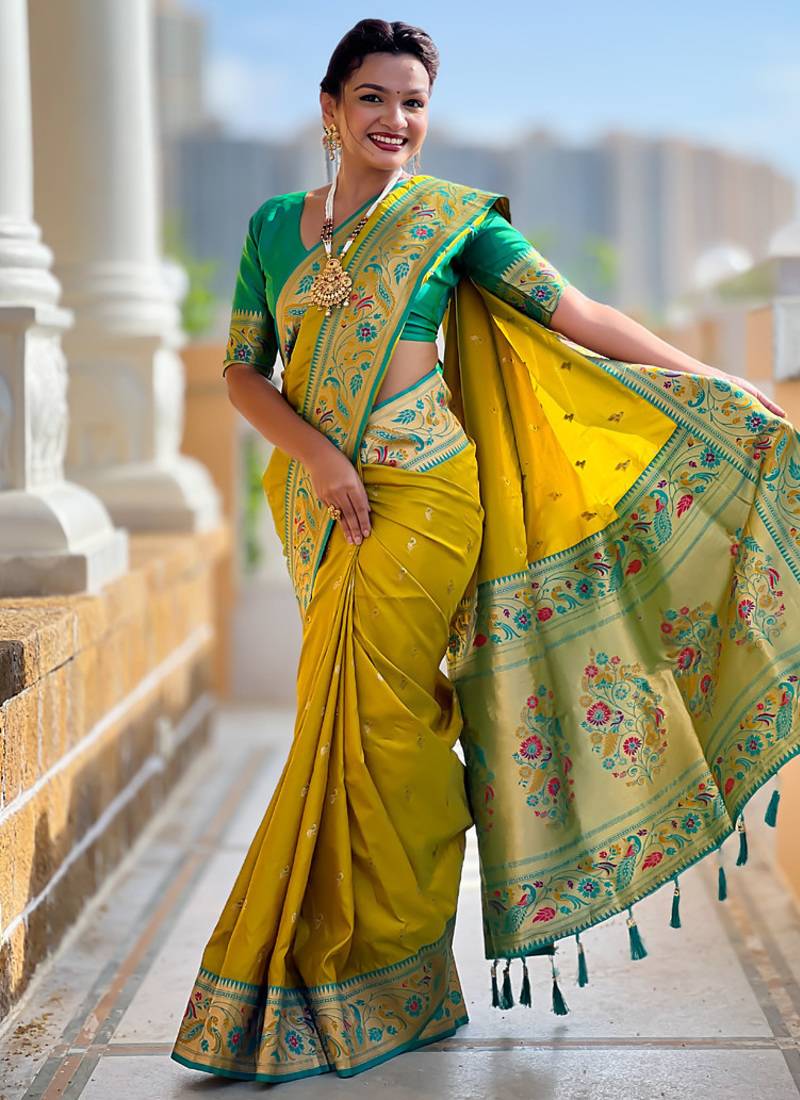 Designer lemon green meenakari weaving work paithani silk saree