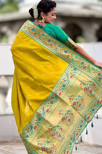 Designer lemon green meenakari weaving work paithani silk saree