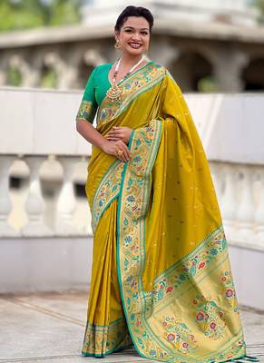 Designer lemon green meenakari weaving work paithani silk saree 3