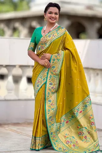 Designer lemon green meenakari weaving work paithani silk saree