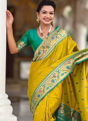 Designer lemon green meenakari weaving work paithani silk saree 4
