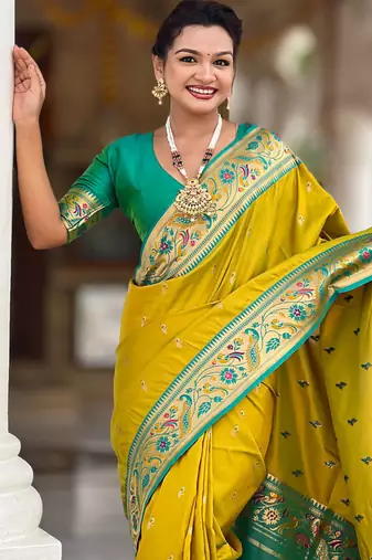 Designer lemon green meenakari weaving work paithani silk saree