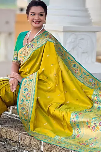 Designer lemon green meenakari weaving work paithani silk saree