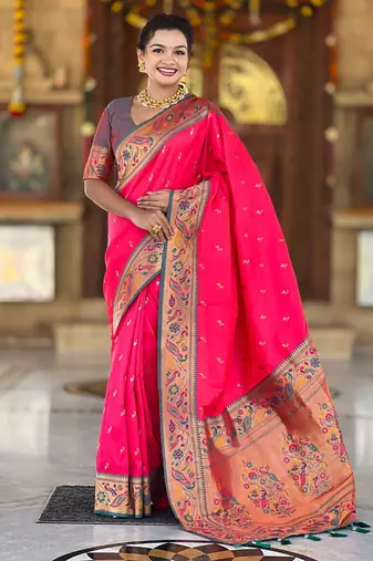 Designer pink meenakari weaving work paithani silk saree