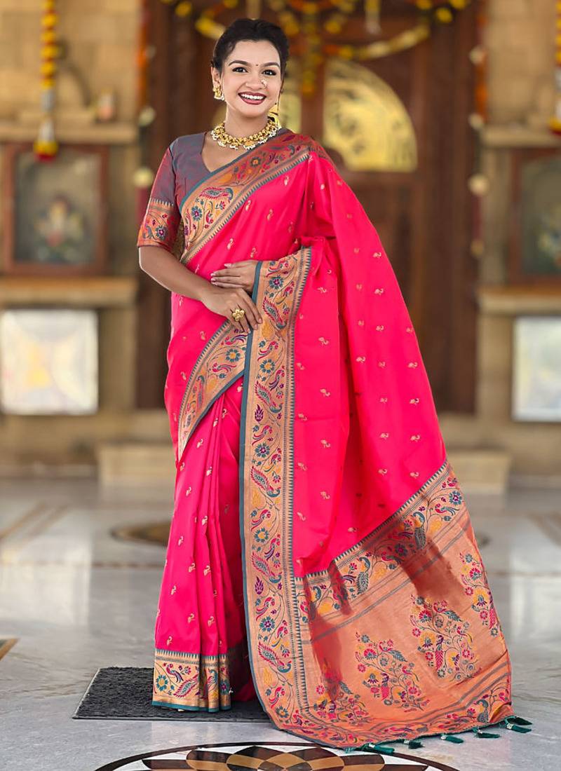 Designer pink meenakari weaving work paithani silk saree