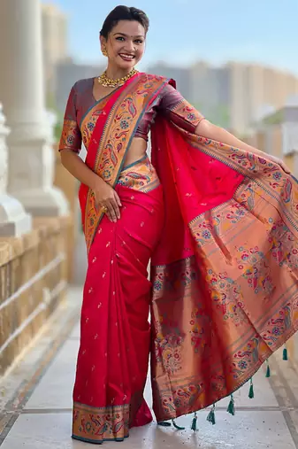 Designer pink meenakari weaving work paithani silk saree