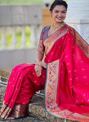 Designer pink meenakari weaving work paithani silk saree 3
