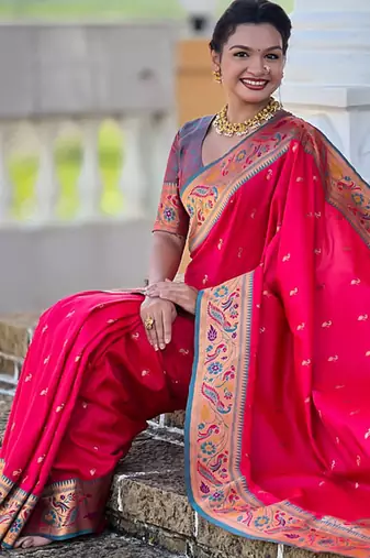 Designer pink meenakari weaving work paithani silk saree