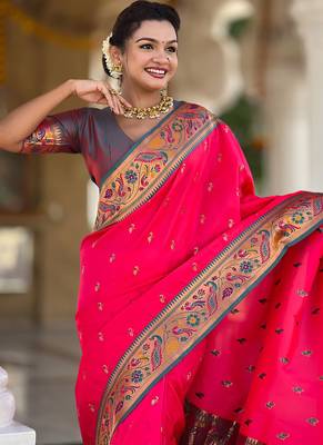 Designer pink meenakari weaving work paithani silk saree 4