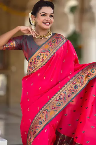 Designer pink meenakari weaving work paithani silk saree