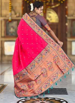 Designer pink meenakari weaving work paithani silk saree 5