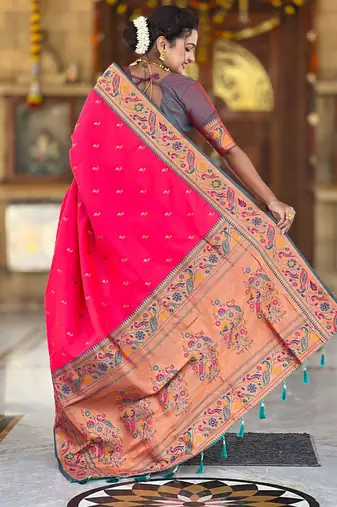 Designer pink meenakari weaving work paithani silk saree