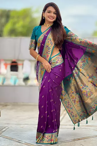Designer purple meenakari weaving work paithani silk saree