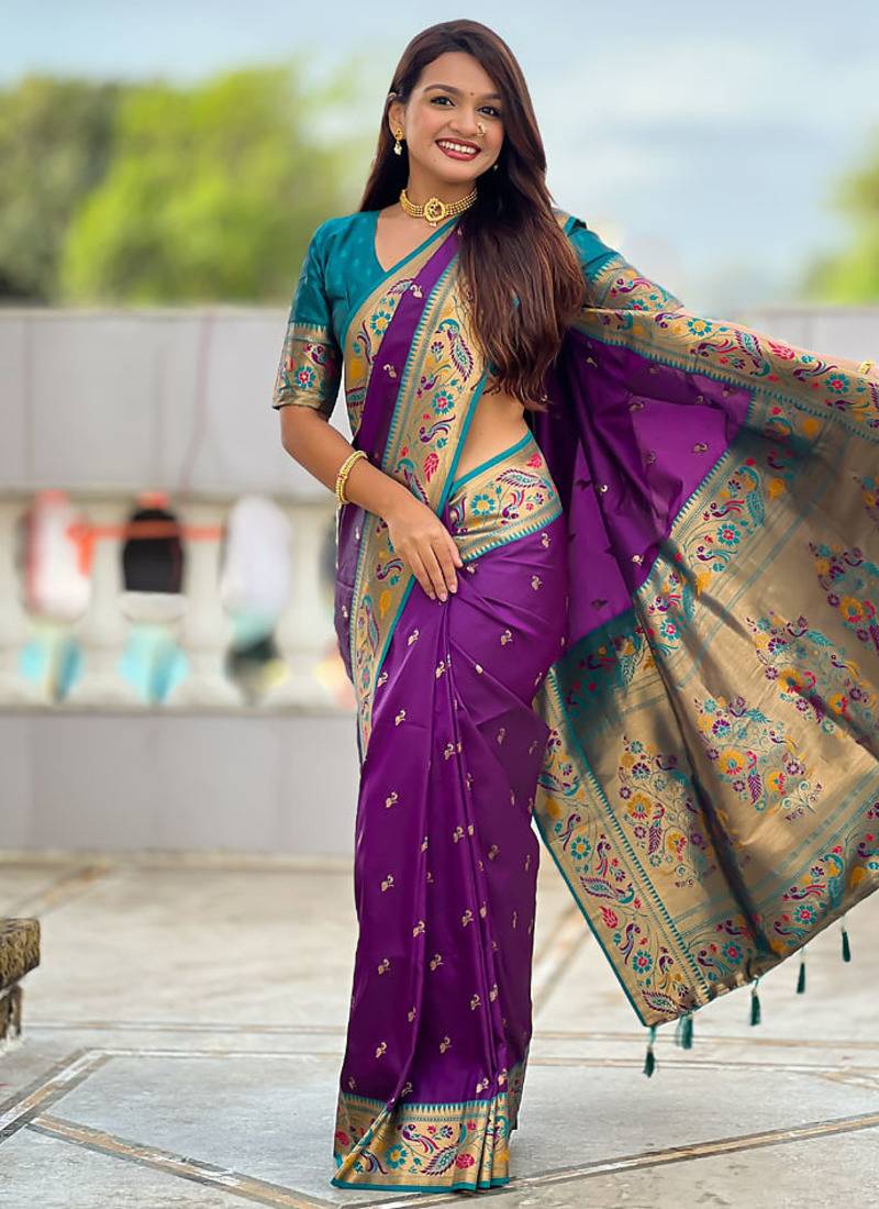 Designer purple meenakari weaving work paithani silk saree