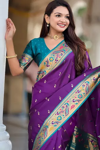 Designer purple meenakari weaving work paithani silk saree