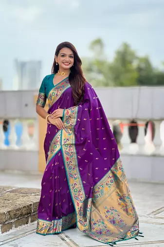 Designer purple meenakari weaving work paithani silk saree