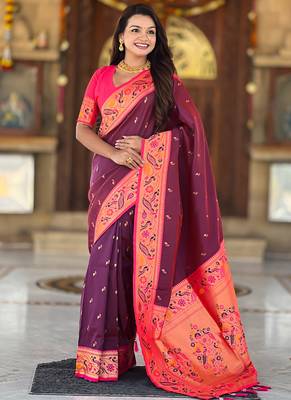 Designer wine meenakari weaving work paithani silk saree 1