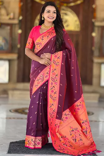 Designer wine meenakari weaving work paithani silk saree