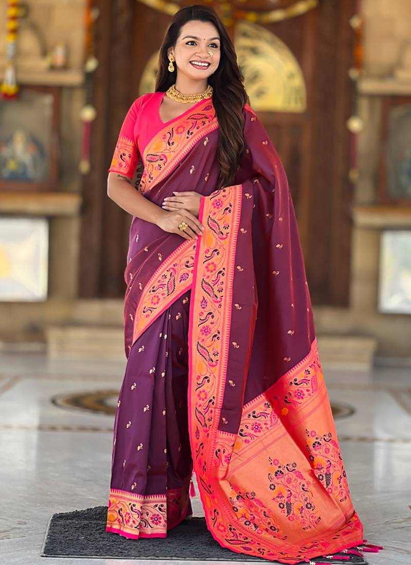 Designer wine meenakari weaving work paithani silk saree