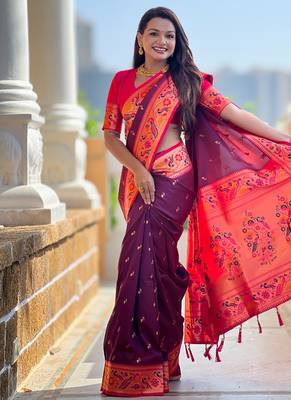 Designer wine meenakari weaving work paithani silk saree 2