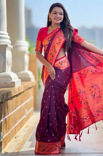 Designer wine meenakari weaving work paithani silk saree