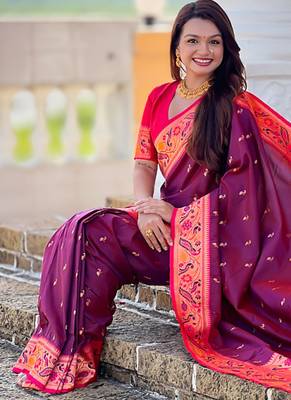 Designer wine meenakari weaving work paithani silk saree 3
