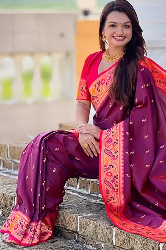Designer wine meenakari weaving work paithani silk saree