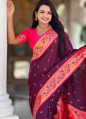 Designer wine meenakari weaving work paithani silk saree 4