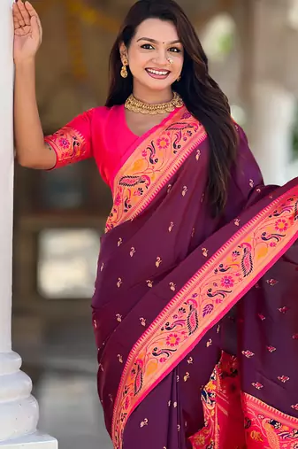 Designer wine meenakari weaving work paithani silk saree